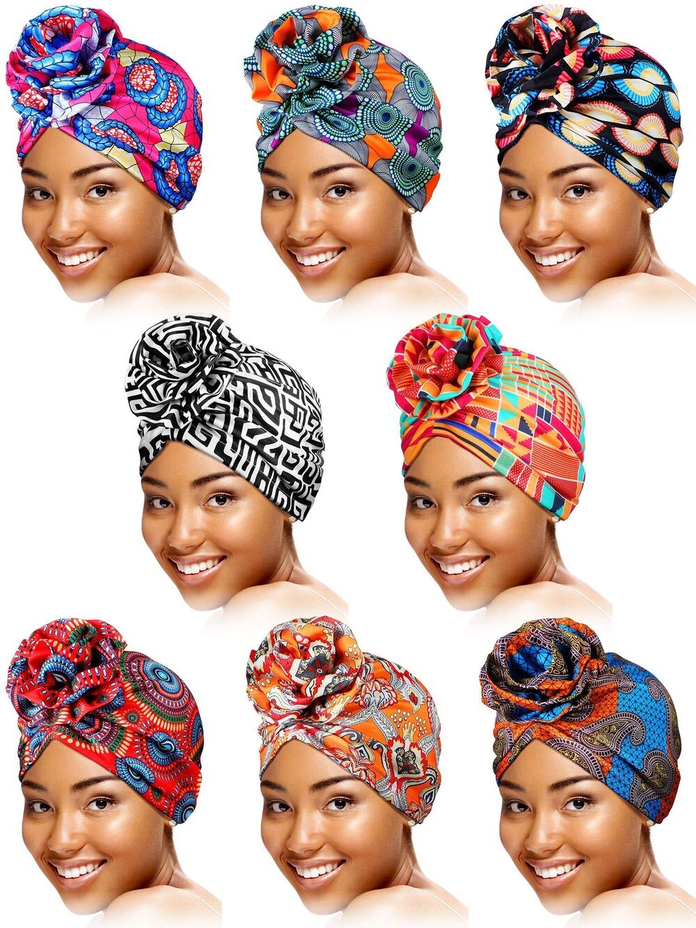 5608 8 Pcs Turban Head Wraps African Pattern Knot Headwrap Bohemian Print